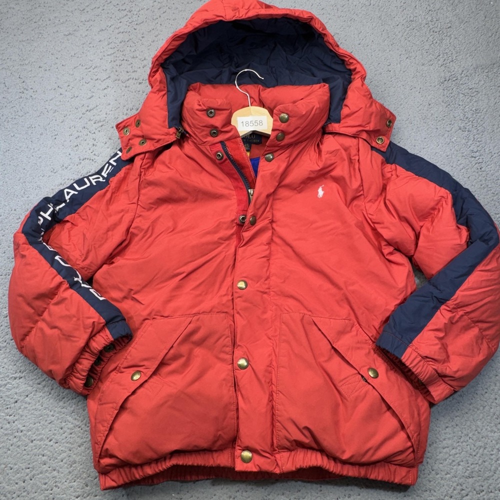 Polo Ralph Lauren Jacket Boys 14-16 Red Puffer Hooded Down Zip Taffeta